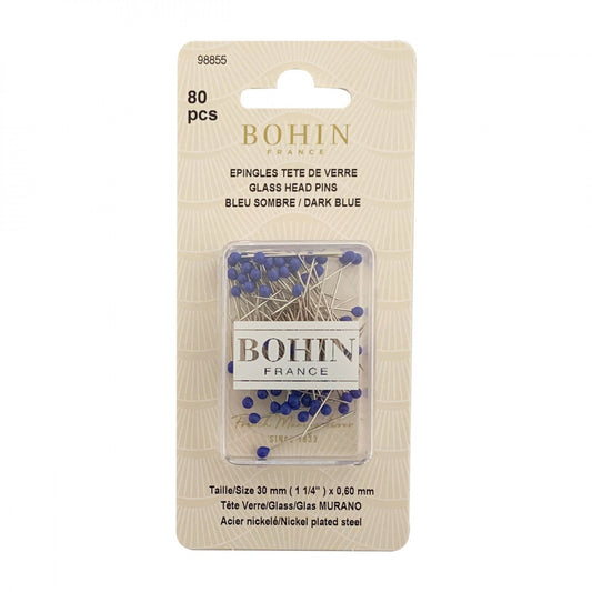 Bohin France cobalt blue glass head pins in their original beige cardboard packaging, containing 80 pieces.
Photo by Bohin [image_link]