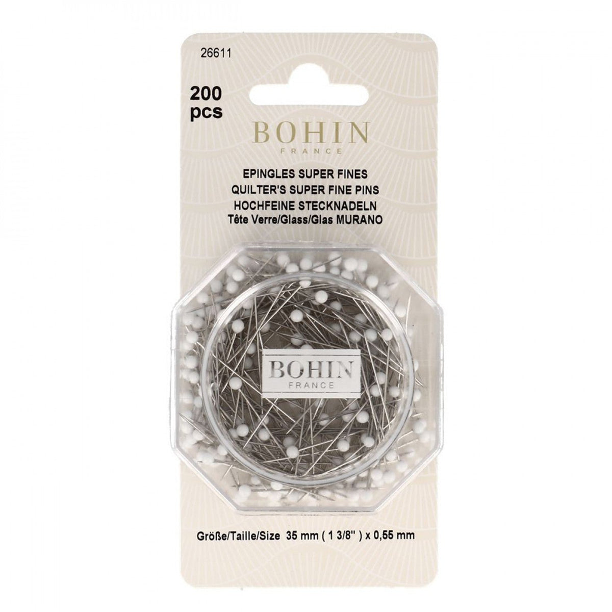 Packaging of Bohin Glass Head Pins in white color, Size 28 (1 3/8 inch), with 200 pieces displayed.
Photo by Bohin [image_link]