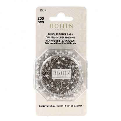 Packaging of Bohin Glass Head Pins in white color, Size 28 (1 3/8 inch), with 200 pieces displayed.
Photo by Bohin [image_link]