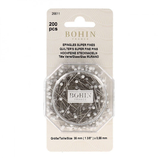 Packaging of Bohin Glass Head Pins in white color, Size 28 (1 3/8 inch), with 200 pieces displayed.
Photo by Bohin [image_link]