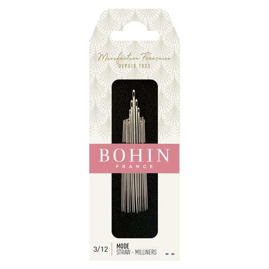 Bohin Mode Straw Milliners 3/12 size sewing straws in their original retail packaging, featuring a black pack of silver-colored straws inside a white and pink carded box.
Photo by Bohin [image_link]
