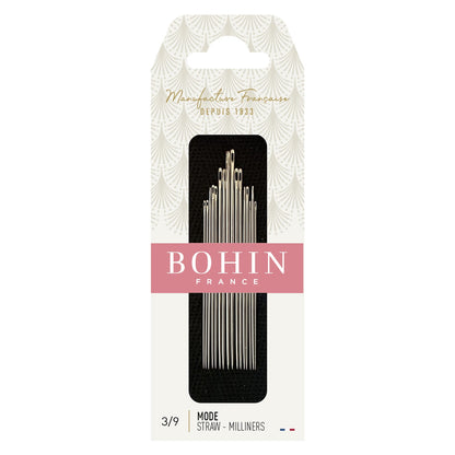 Bohin Mode Straw Milliners 3/9 sewing straws in their original retail packaging, featuring a cream-colored card with a pink BOHIN FRANCE banner and a black window displaying the silver metal straws.
Photo by Bohin [image_link]