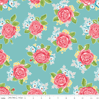 Hello Lovely Main Floral Aqua Yardage by Amanda Herring  for Riley Blake Designs
