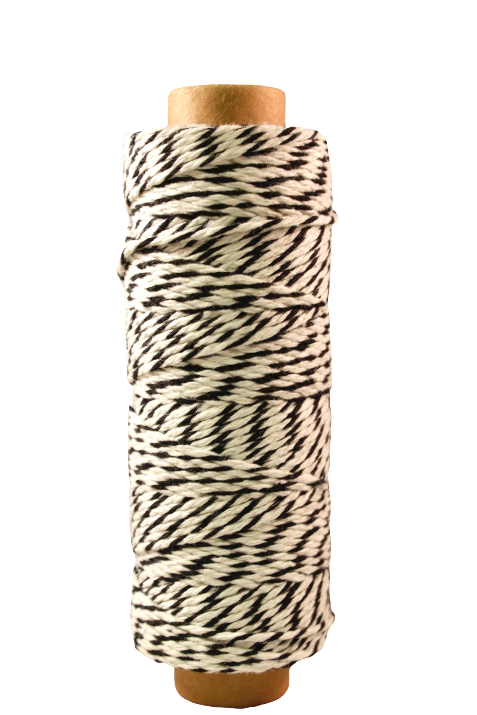 A spool of black and white twisted cotton twine wrapped around a light brown cardboard core, isolated on a white background.
Photo by Mayarts.com [additional_image_link]