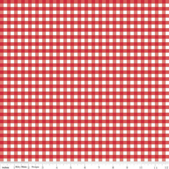 Red and white gingham checkered fabric pattern shown flat, with a small ruler strip along the bottom edge.
Photo by RileyBlakedesigns.com [additional_image_link]