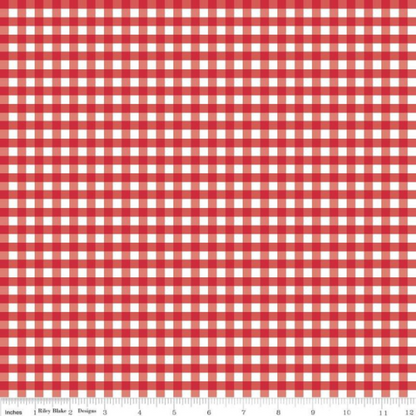 Red and white gingham checkered fabric pattern shown flat, with a small ruler strip along the bottom edge.
Photo by RileyBlakedesigns.com [additional_image_link]