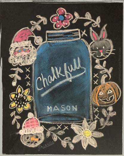 A chalk-style artwork on a black background featuring a large blue mason jar with the words 'Chalkfull MASON' in white. Surrounding the jar are decorative drawings of a Santa face, bunny, jack-o'-lantern, flowers, and vines in white, pink, yellow, and orange tones.
Photo by HandsOnDesign.biz [additional_image_link]
