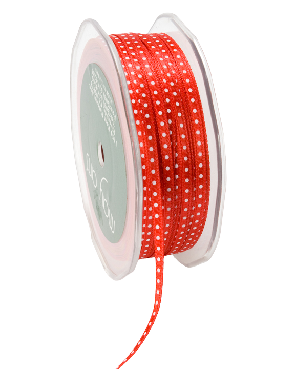 A spool of red grosgrain ribbon with white polka dots, shown on a clean white background. The spool has a light green label with white text that reads 'The Joyous'.
Photo by Mayarts.com [additional_image_link]