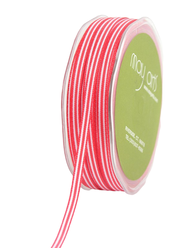 A spool of May Arts ribbon featuring red and white stripes, with a green paper label on the side, set against a plain white background.
Photo by Mayarts.com [additional_image_link]