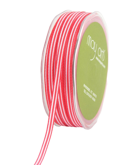 A spool of May Arts ribbon featuring red and white stripes, with a green paper label on the side, set against a plain white background.
Photo by Mayarts.com [additional_image_link]