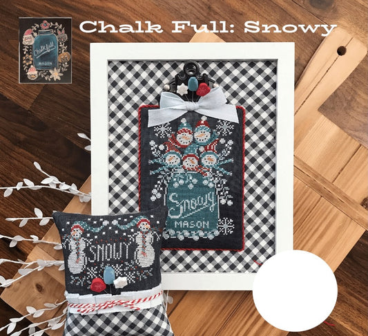A chalkboard-style holiday craft design titled 'Chalk Full: Snowy' shown on a wooden surface. The main design features a white-framed square card with a black-and-white gingham background, a snowman illustration, and the words 'Snowy Season.
Photo by HandsOnDesign.biz [image_link]