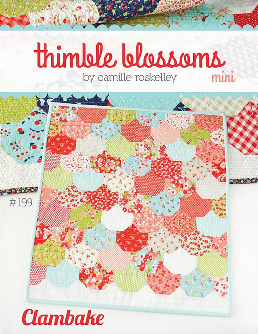 A mini quilt pattern cover for 'Thimble Blossoms' showing a quilt with red, blue, and green geometric patterns, and the text '#199 CLAMBAKE'.
Photo by Thimble Blossoms [image_link]