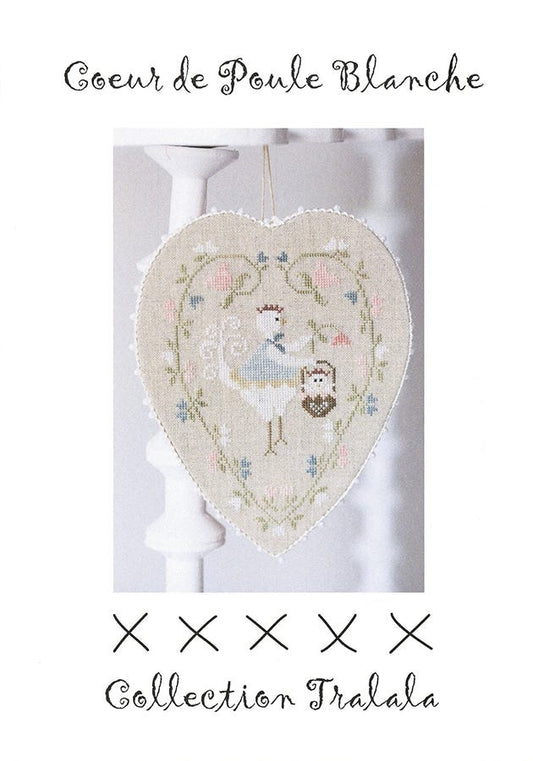 Cross stitch embroidery kit depicting a white hen heart pattern in a heart-shaped linen fabric, with color photos and stitch diagrams.
Photo by Tralala [image_link]