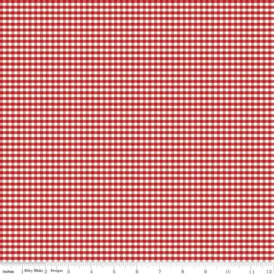 Red and white gingham checkered fabric pattern shown flat, with a small ruler strip along the bottom edge.
Photo by Riley Blake Designs [additional_image_link]