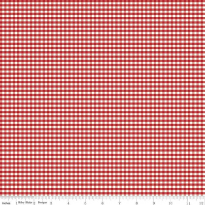 Red and white gingham checkered fabric pattern shown flat, with a small ruler strip along the bottom edge.
Photo by Riley Blake Designs [additional_image_link]