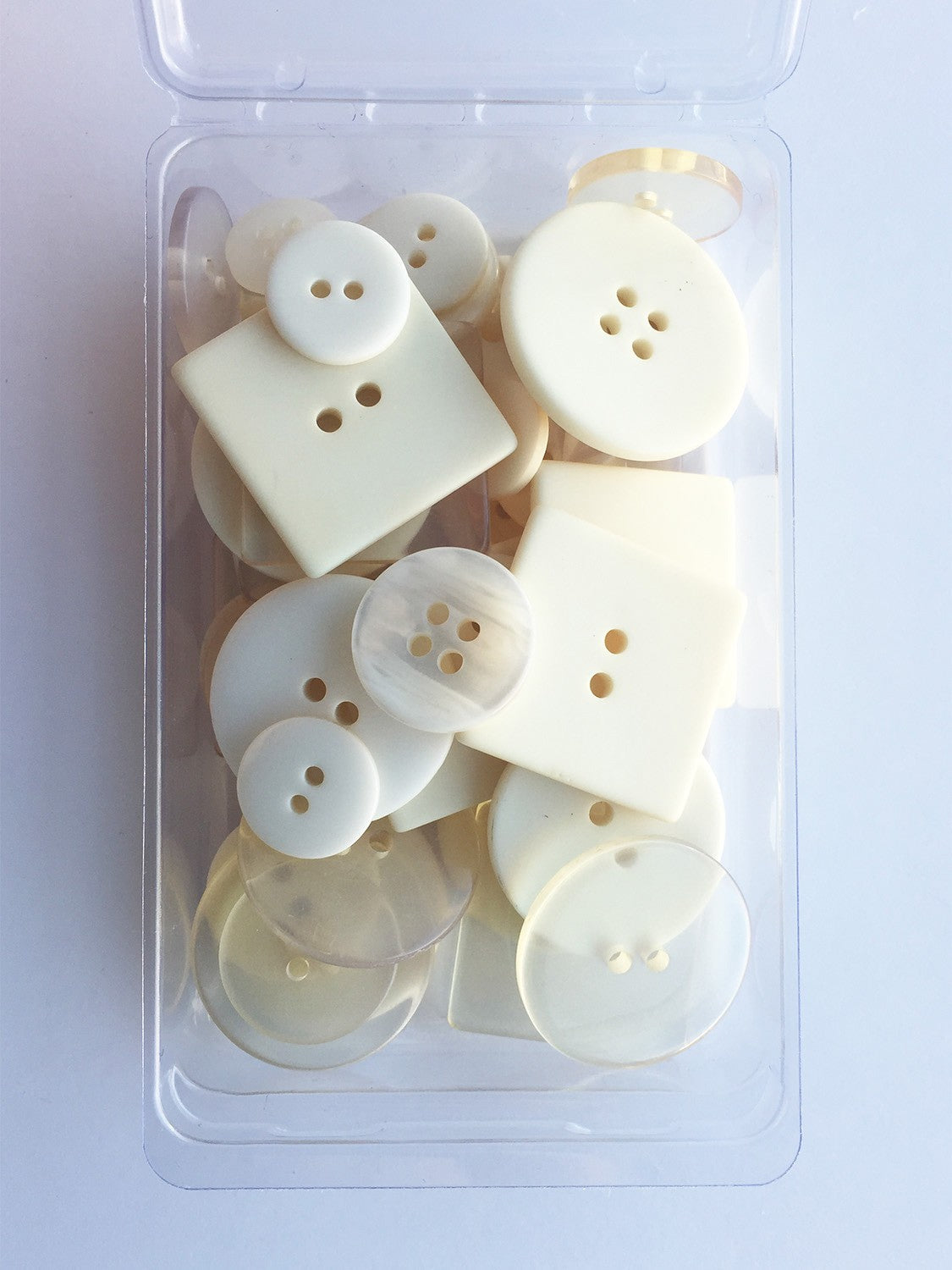 A clear plastic package containing off-white buttons of various sizes, arranged in rows.
Photo by JustAnotherButtonCompany.com [image_link]