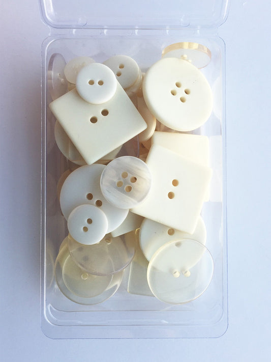 A clear plastic package containing off-white buttons of various sizes, arranged in rows.
Photo by JustAnotherButtonCompany.com [image_link]
