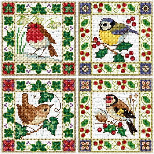 A set of four embroidered Christmas bird cards featuring a robin, blue tit, wren, and goldfinch on a festive background with holly and berries.
Photo by Lesley Teare [image_link]