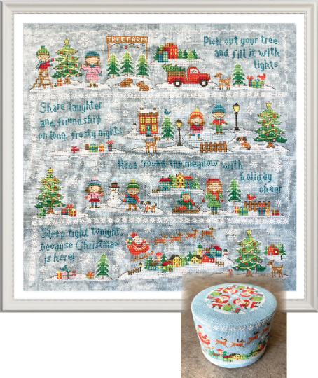 A framed Christmas-themed needlepoint canvas with multiple illustrated winter scenes and phrases, shown alongside a matching round storage box with a printed holiday design.
Photo by Tiny Modernist [additional_image_link]