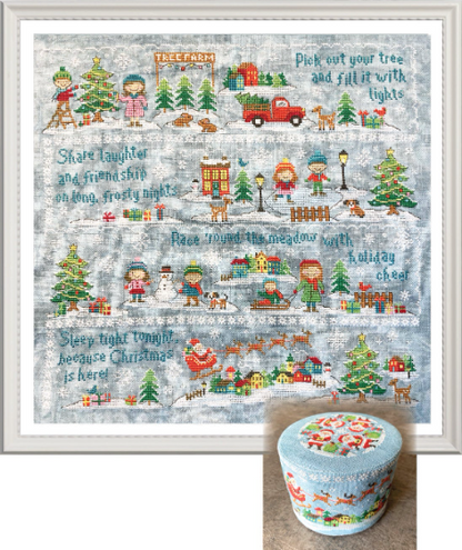 A framed Christmas-themed needlepoint canvas with multiple illustrated winter scenes and phrases, shown alongside a matching round storage box with a printed holiday design.
Photo by Tiny Modernist [additional_image_link]