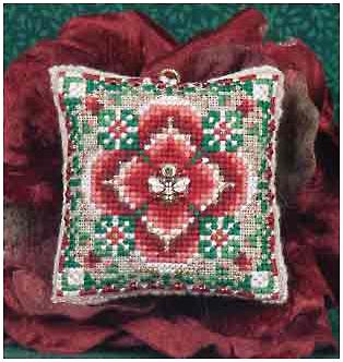 A cross-stitch embroidery kit depicting a Christmas ornament with a sparkle bee design, using red and green colors and metallic accents.
Photo by JustNan.com [image_link]