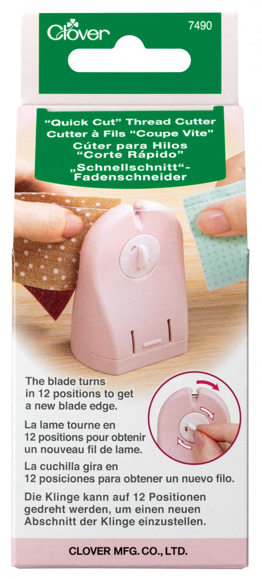 Clover brand Quick Cut Thread Cutter in light pink, shown in its retail packaging with English and German text and a small inset photo demonstrating use.
Photo by Clover-USA.com [image_link]