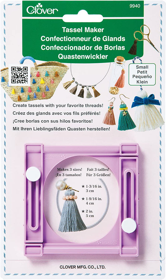 Packaging of Clover Tassel Maker showing the tool and examples of tassels created with it.
Photo by Clover-USA.com [image_link]