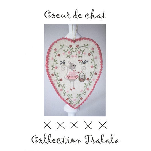 COEUR DE CHAT Cross Stitch Embroidery Kit from Tralala: Cat Heart Pattern in French, Linen, Floss, Trim