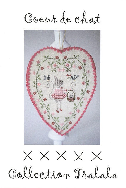 COEUR DE CHAT Cross Stitch Embroidery Kit from Tralala: Cat Heart Pattern in French, Linen, Floss, Trim