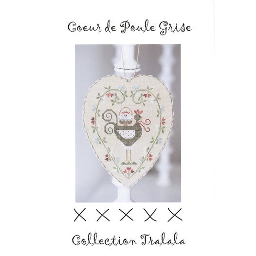 COEUR De POULE GRISE Cross Stitch Embroidery Kit from Tralala: Gray Hen Heart Pattern in French, Linen, Floss, Trim