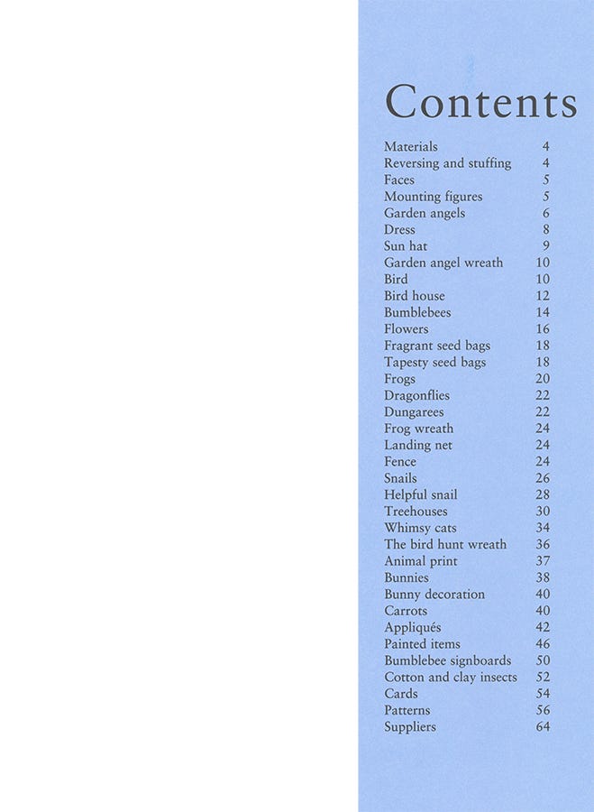 A printed table of contents page with a light blue vertical panel on the right containing a list of chapter and section titles with page numbers, on a white background.
Photo by Tildafabrics.com [additional_image_link]
