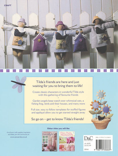 Back cover of a craft book titled 'Tilda's friends' by D&C, featuring a photograph of handmade stuffed animal figures hanging on a white picket fence, a light blue background with product description text, and a barcode at the bottom right.
Photo by Tildafabrics.com [additional_image_link]