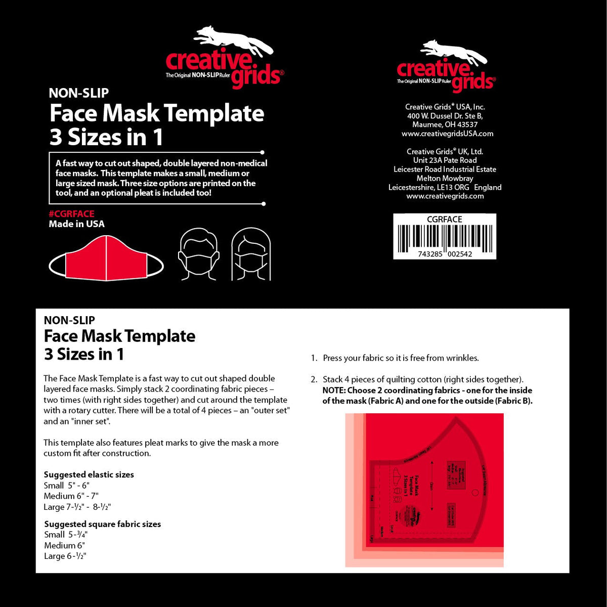 Back of a Creative Grids face mask template packaging with text and a barcode.
Photo by Creative Grids [additional_image_link]