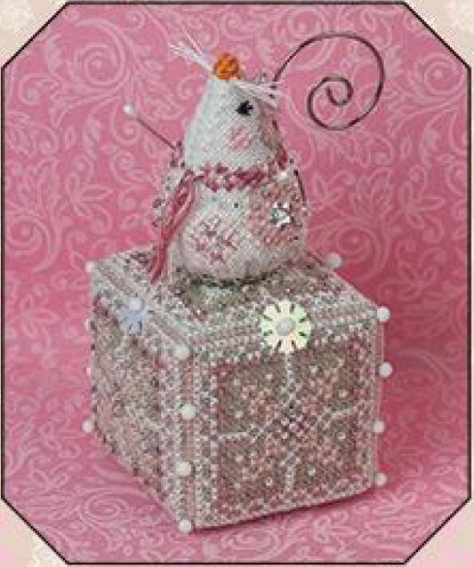 Three views of a beaded Christmas ornament shaped like a white mouse sitting on a decorated gift box, set against a pink patterned background.
Photo by JustNan.com [image_link]