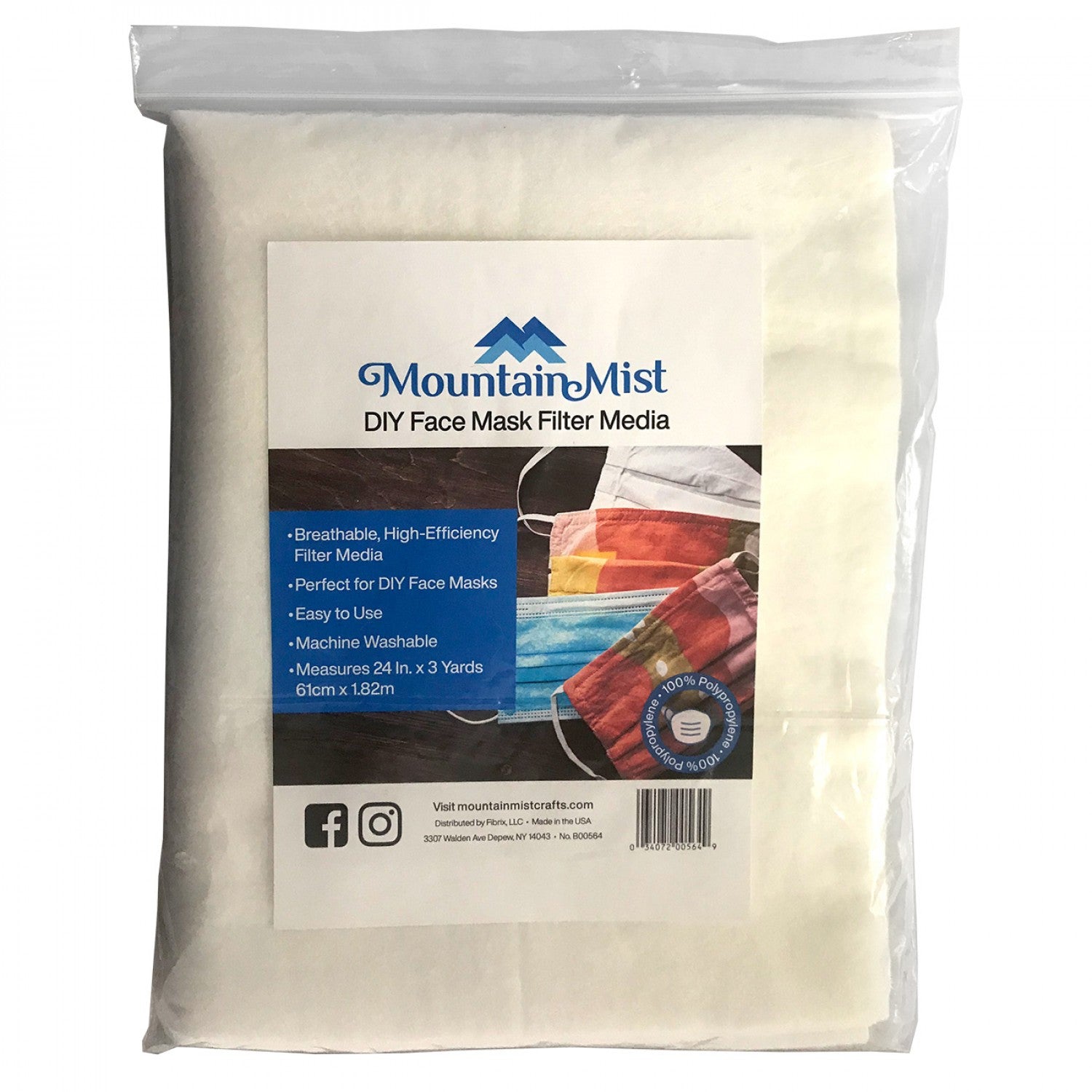 A package of Mountain Mist DIY Face Mask Filter Media, containing a large white mesh filter sheet sealed in a clear plastic bag with a white and blue product label.
[image_link]