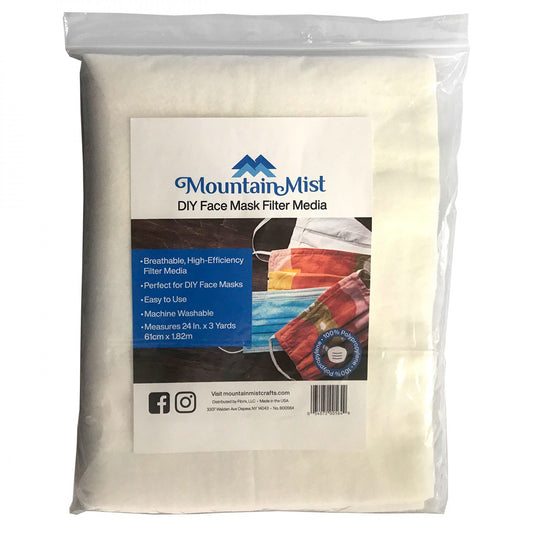 A package of Mountain Mist DIY Face Mask Filter Media, containing a large white mesh filter sheet sealed in a clear plastic bag with a white and blue product label.
[image_link]
