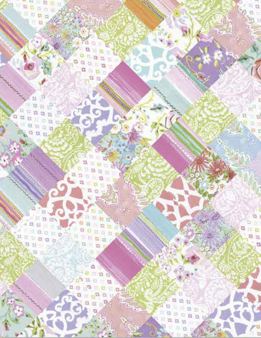 A close-up of a patchwork fabric design featuring multiple pastel-colored rectangular and square panels with floral, paisley, striped, and geometric patterns in lavender, mint, pink, green, and white.
[image_link]