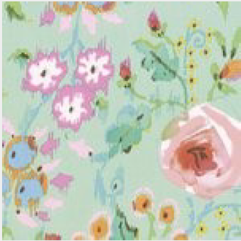 A close-up of a floral patterned fabric or wallpaper featuring pink flowers, green leaves, and small birds on a light mint green background.
[additional_image_link]