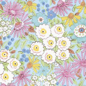 A close-up of a floral pattern featuring white, pink, yellow, and blue flowers with green leaves on a light blue background.
[additional_image_link]