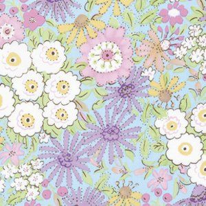 A repeating floral pattern featuring white, pink, and purple flowers with yellow centers on a light blue background.
[additional_image_link]