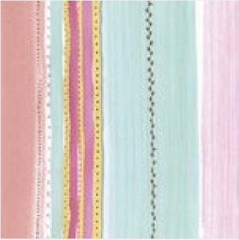 A close-up of a striped fabric pattern featuring vertical bands of pink, mint green, yellow, and light blue with dotted and dashed decorative lines.
[additional_image_link]