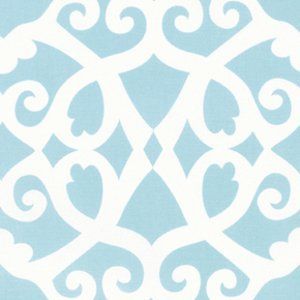A close-up of a fabric or wallpaper pattern featuring a light blue and white scrollwork trellis design.
[additional_image_link]