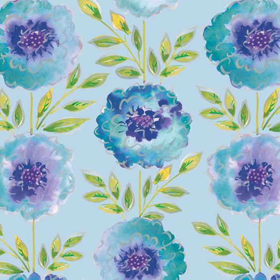 Fat quarter bundle of quilting fabric with a floral pattern consisting of large blue and purple flowers and green leaves on a light background.
[image_link]