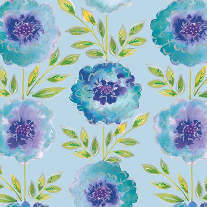 Fat quarter bundle of quilting fabric with a floral pattern consisting of large blue and purple flowers and green leaves on a light background.
[image_link]
