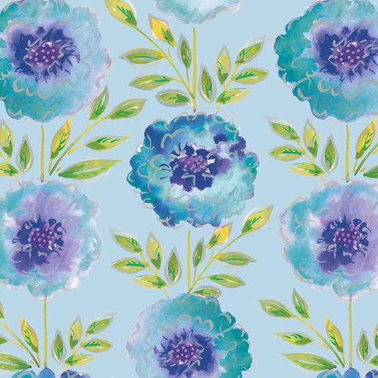 Fat quarter bundle of quilting fabric with a floral pattern consisting of large blue and purple flowers and green leaves on a light background.
[image_link]