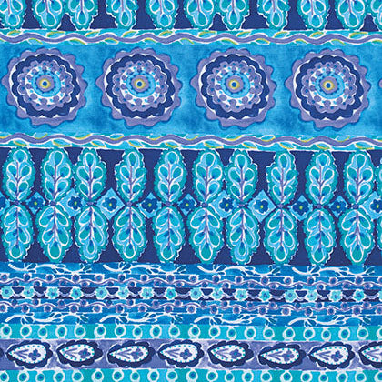 A repeating decorative textile pattern with horizontal bands of teal and blue leaf motifs, circular medallions, and ornamental borders in shades of blue, purple, and aqua.
[additional_image_link]