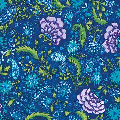 A close-up of a patterned fabric or wallpaper featuring a traditional floral and paisley design in royal blue, light blue, purple, and green. A small size label indicating '12"' is visible on the right side.
[additional_image_link]