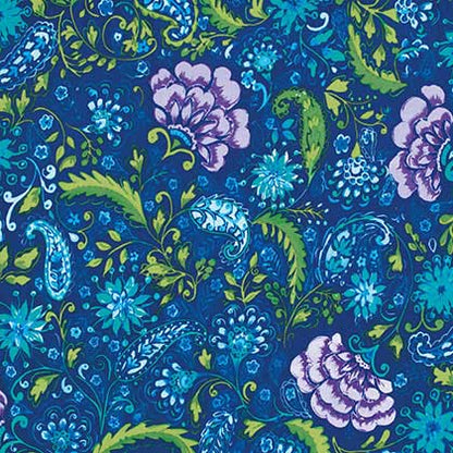 A close-up of a patterned fabric or wallpaper featuring a traditional floral and paisley design in royal blue, light blue, purple, and green. A small size label indicating '12"' is visible on the right side.
[additional_image_link]