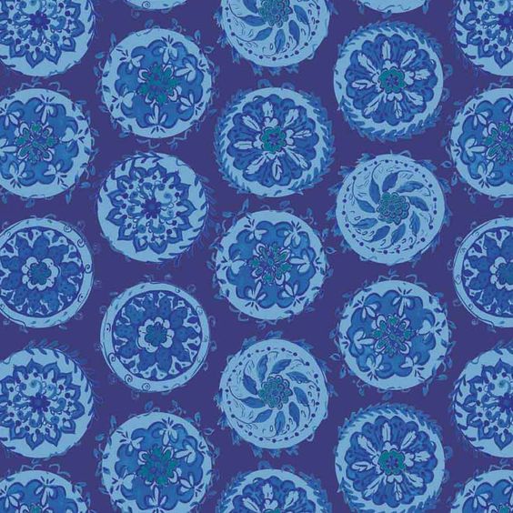 A repeating pattern of circular medallions in shades of blue and teal on a deep purple background.
[additional_image_link]