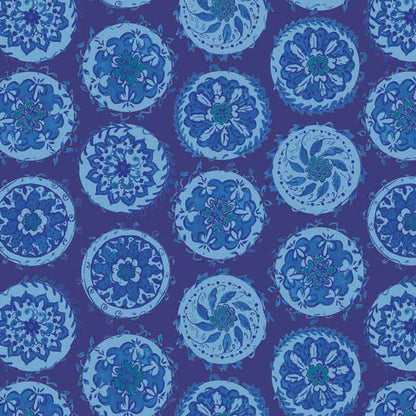 A repeating pattern of circular medallions in shades of blue and teal on a deep purple background.
[additional_image_link]